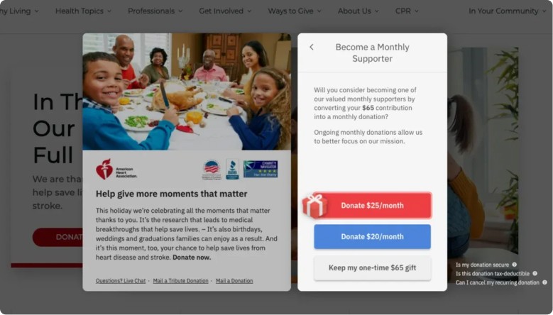 Modal overlay donation checkout as seen on UNICEF USA